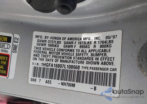 2007 Honda Civic Ex из США, поврежденный, VIN 1HGFA16897L108668